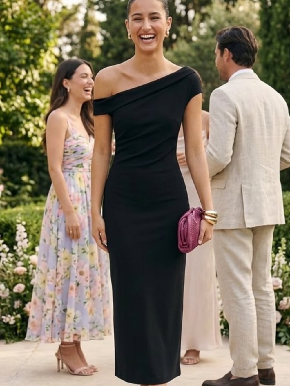 New Reformation Jaman Knit  Elegant One-Shoulder Black Dress Sz Large